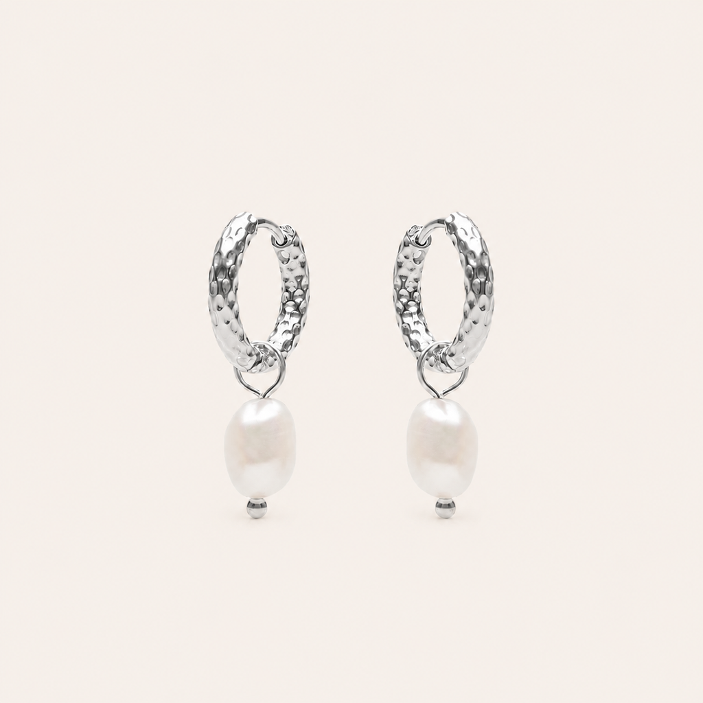 Hammered Pearl Earrings Silver