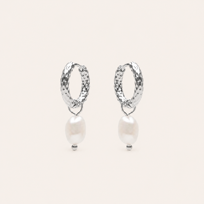 Hammered Pearl Earrings Silver