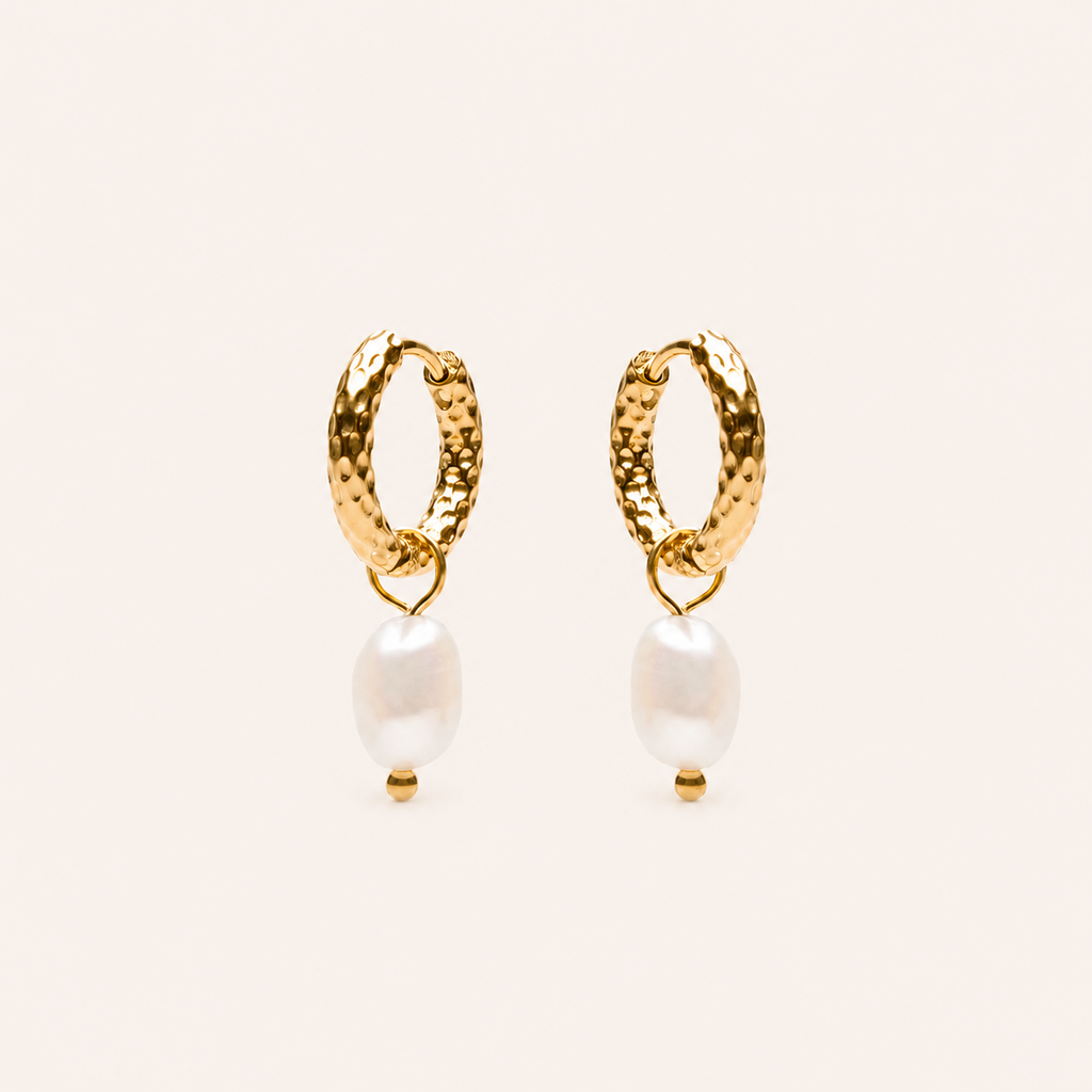 Hammered Pearl Earrings Gold