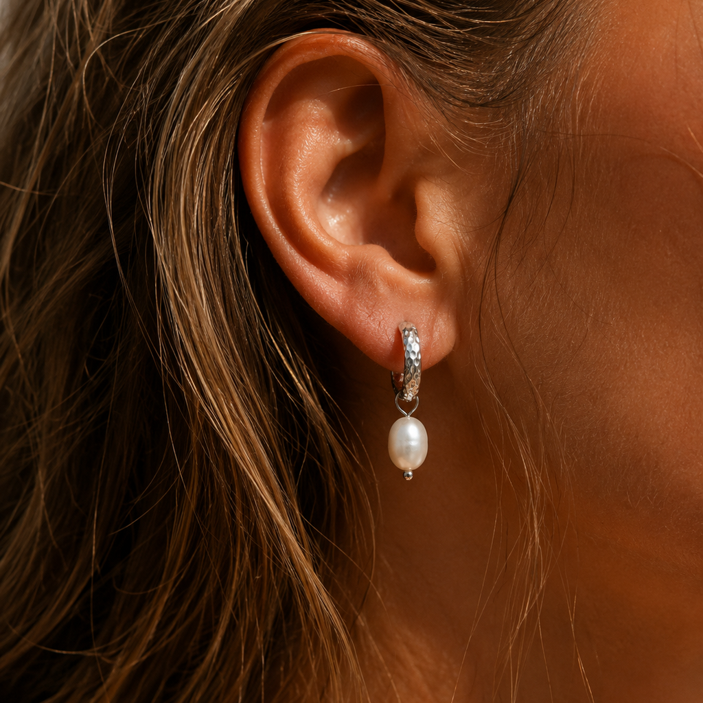 Hammered Pearl Earrings Silver