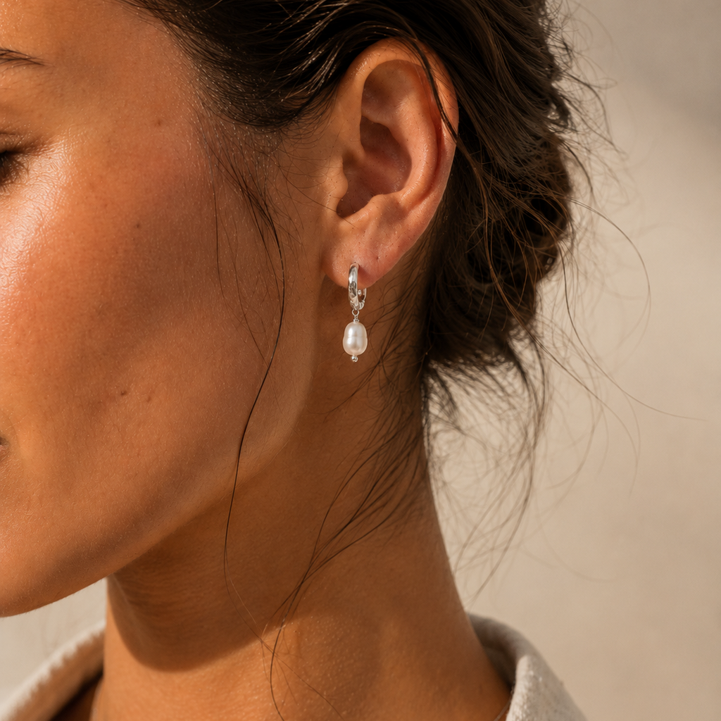 Hammered Pearl Earrings Silver