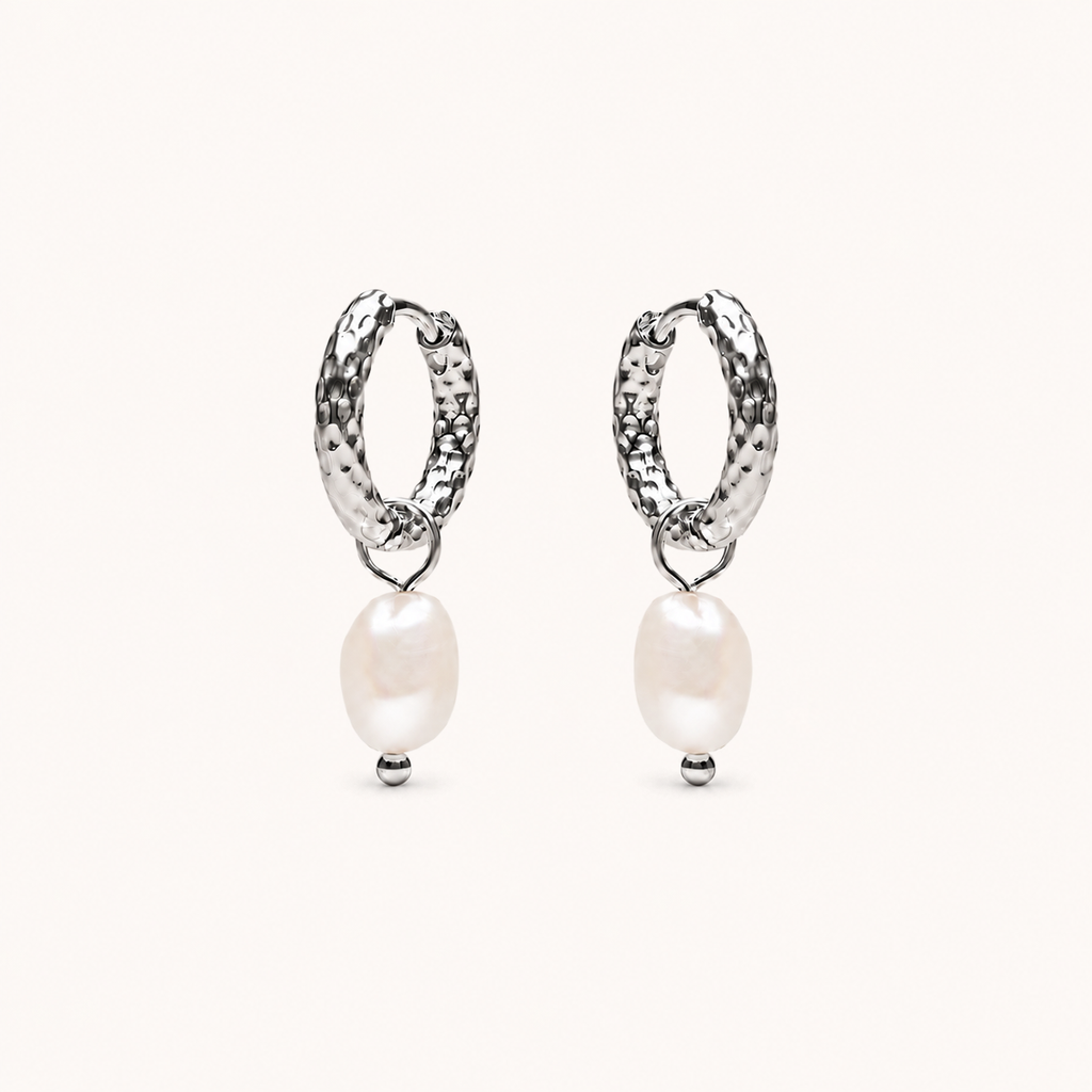 Hammered Pearl Earrings Silver