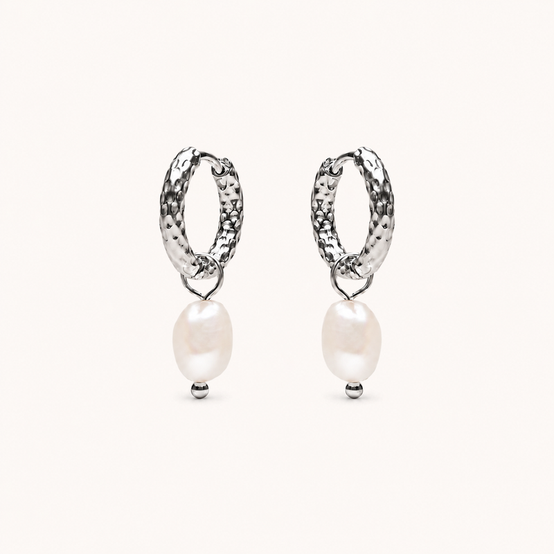 Hammered Pearl Earrings Silver